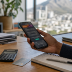 South African player reviewing a mobile casino offer and payment details at a desk