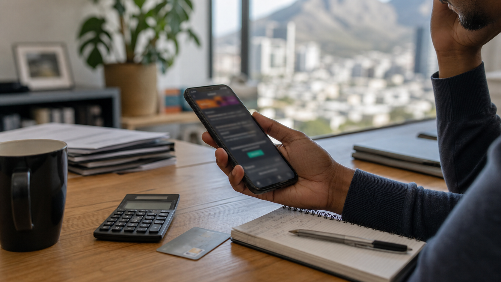 South African player reviewing a mobile casino offer and payment details at a desk