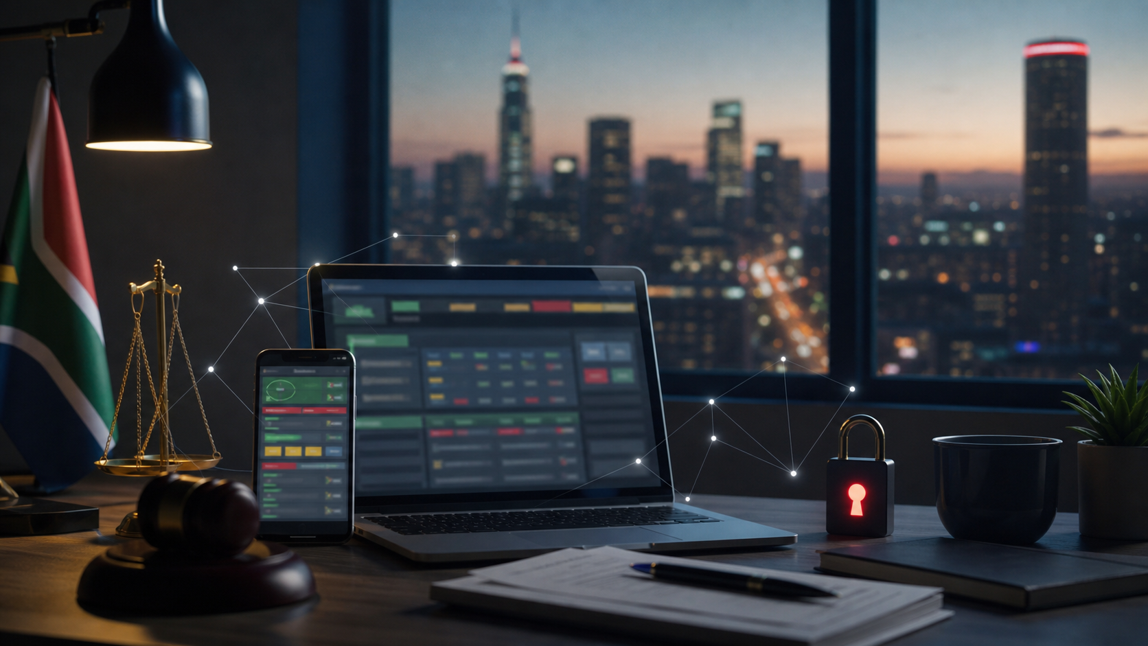 South African online gambling compliance scene with digital betting screens and a lock