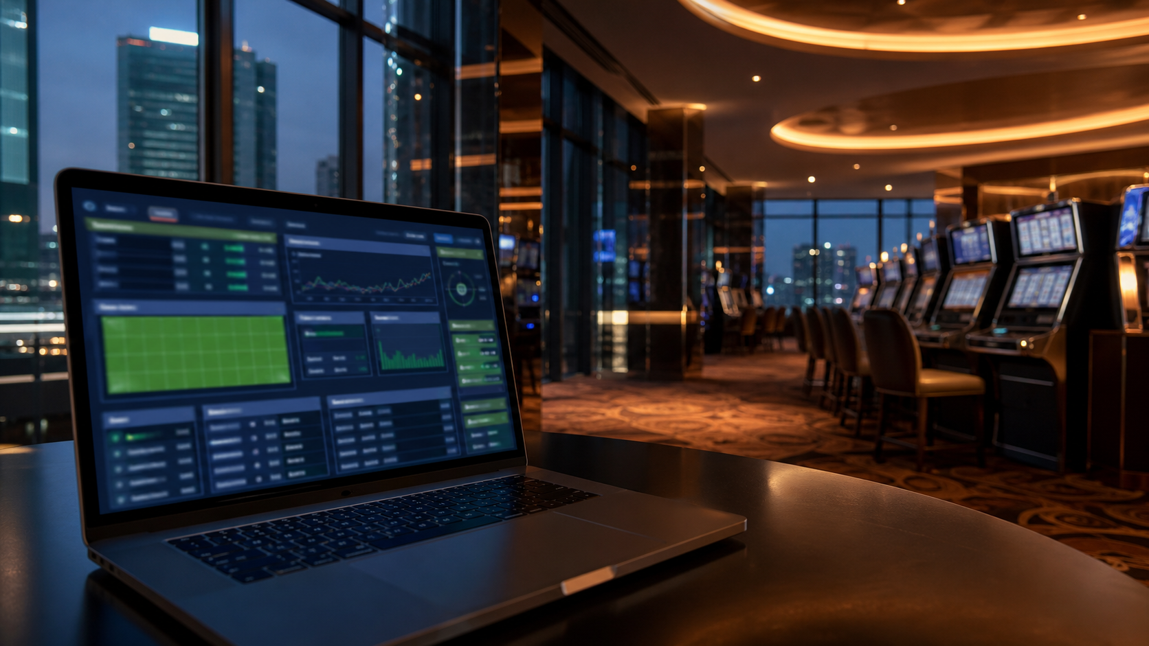 South African online betting laptop in front of a traditional casino venue