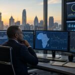Editorial map-inspired view of African cities and a regulatory monitoring dashboard without readable text