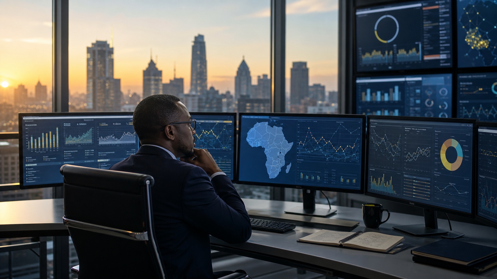 Editorial map-inspired view of African cities and a regulatory monitoring dashboard without readable text