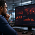 Cybersecurity analyst reviewing an abstract online gambling fraud risk dashboard