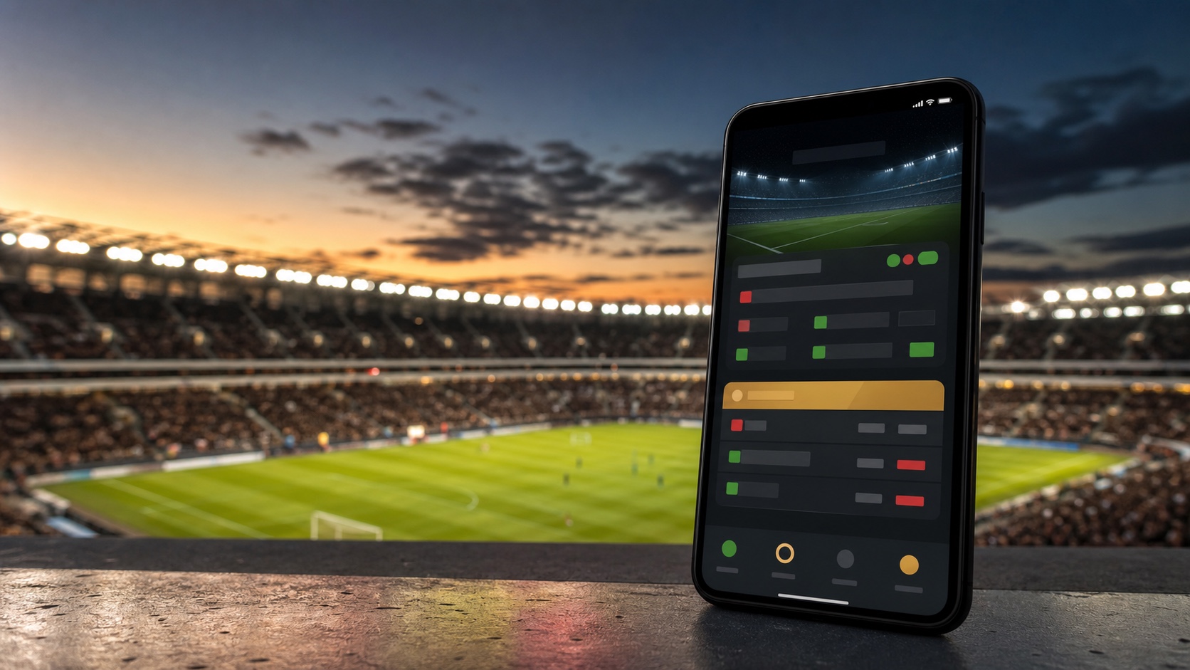 Realistic editorial smartphone and sports stadium scene representing South African betting platforms