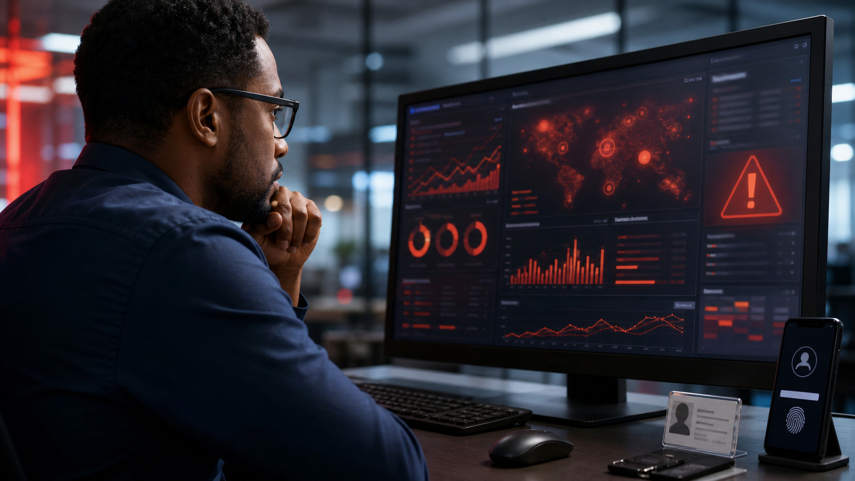 Cybersecurity analyst reviewing an abstract online gambling fraud risk dashboard
