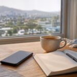 Quiet South African home scene with a smartphone set aside beside a notebook and support coffee, no readable text