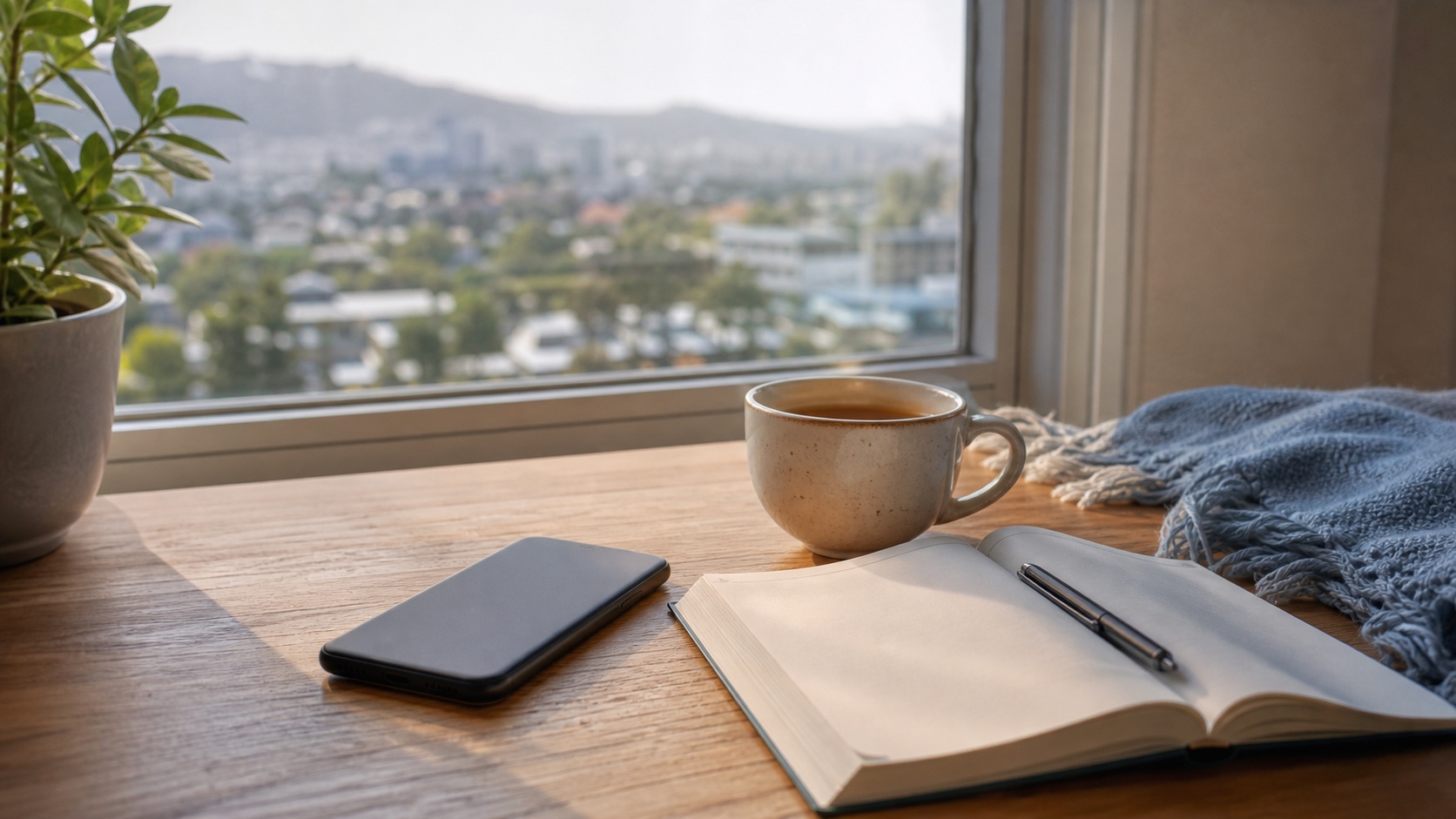 Quiet South African home scene with a smartphone set aside beside a notebook and support coffee, no readable text