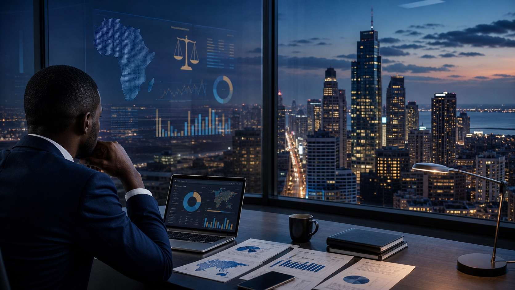 Realistic editorial African city lights and digital compliance imagery representing regulated online gambling