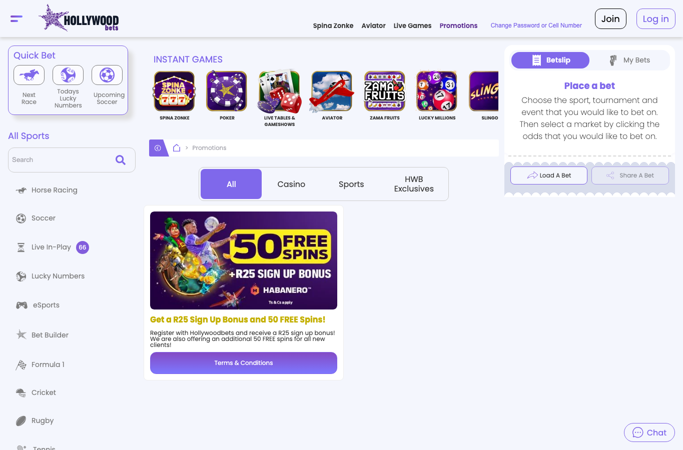 Hollywoodbets promotions page showing casino sports and exclusives filters