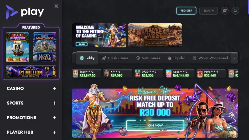 Play Casino South Africa homepage showing casino lobby and welcome offer