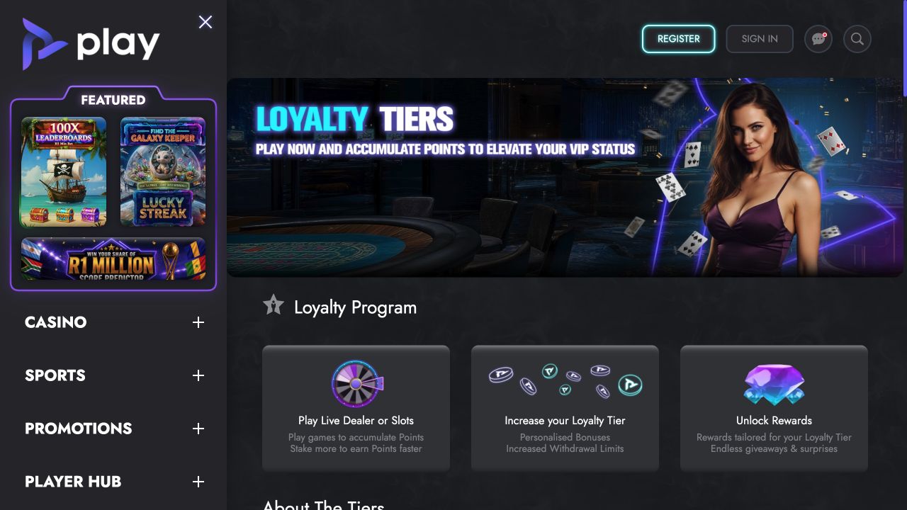 Play Casino loyalty tiers and rewards page
