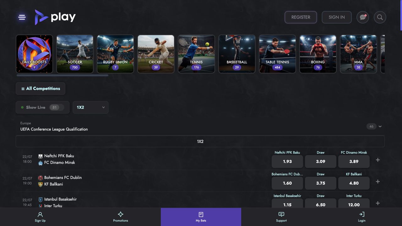 Play Casino sports betting markets screen