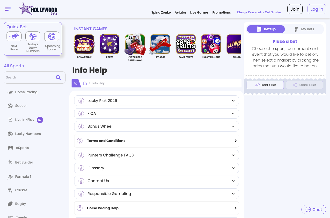Hollywoodbets Info Help page showing responsible gambling and account support links