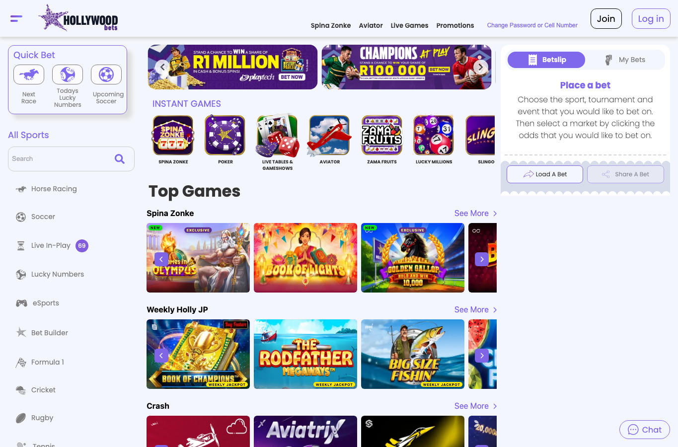 Hollywoodbets homepage showing sports menu instant games and betslip