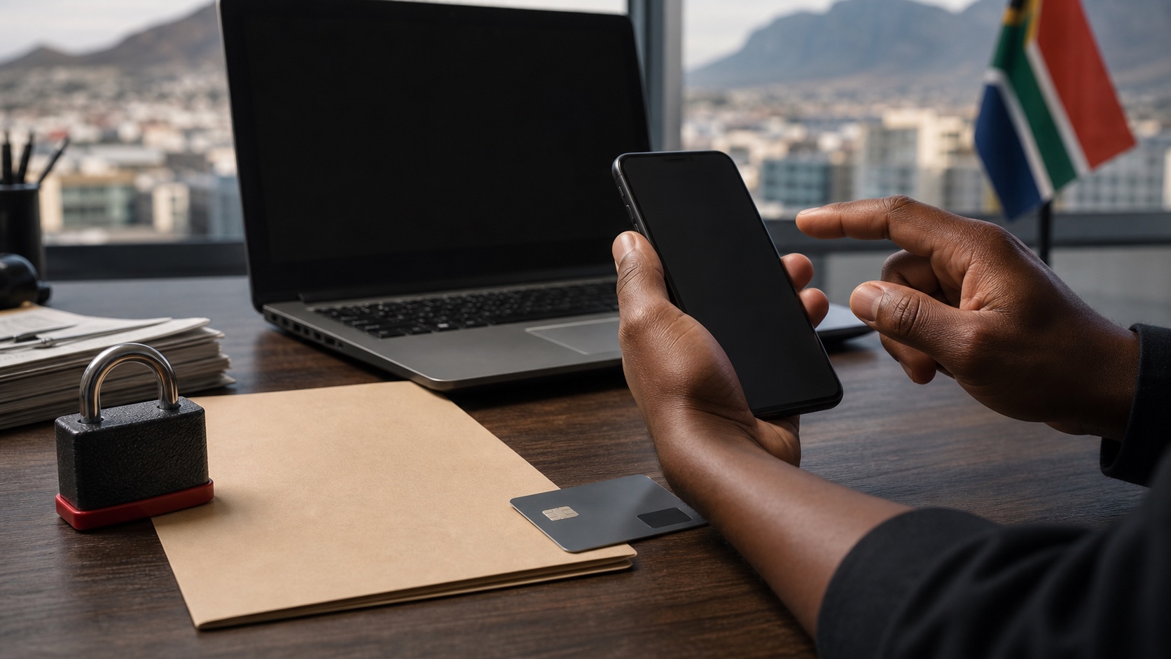 Unbranded phone, bank card and lock representing illegal offshore gambling risks in South Africa