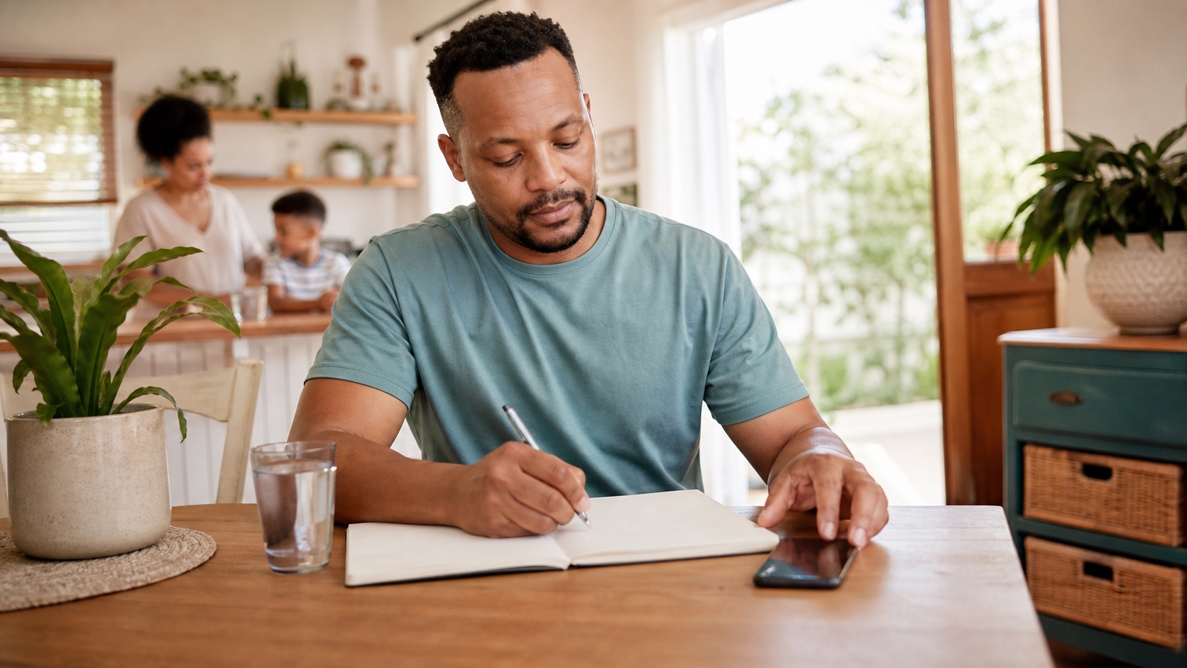 Person setting aside a phone in a warm home setting to represent responsible gambling and wellbeing